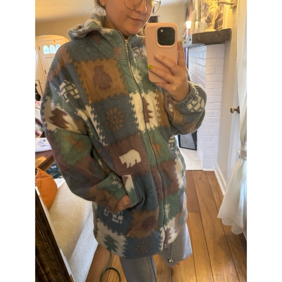 Vintage Camp Shacket Jacket Zip Up Fleece Chore Barn Cabin Bears Forrest Novelty - Picture 2 of 9